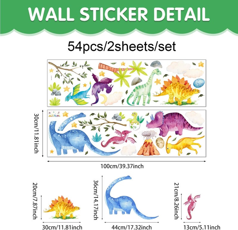 Kasubeso Watercolor Dinosaur Wall Decals, Cartoon Cute Dino Volcanic Wall Stickers, Peel and Stick Star Cloud Wallpaper for Baby Nursery Boys Bedroom Playroom Wall Decor - Image 2
